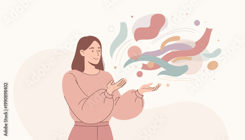 Woman stands in modern room releasing colorful swirling shapes from her hands.