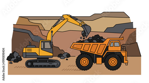 Excavator Loading Coal into Dump Truck at Open Pit Mine Vector