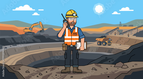 Coal Mining Worker Wearing Safety Helmet and Protective Equipment