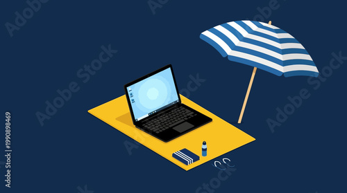 Laptop on a yellow towel under a striped beach umbrella outdoors