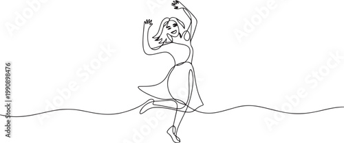 Continuous line art drawing of happy dancing girl. Trendy girl stand happy celebrating pose expression. one line Icon drawing
