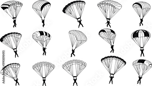 Parachute silhouettes vector set with skydivers descending under canopy in different positions extreme sport illustration collection