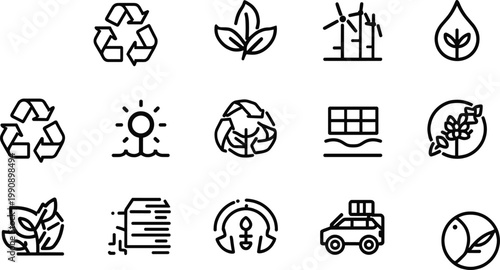 Eco sustainability icon set, recycling symbols, wind energy, solar panel, green leaf, water drop, renewable energy vector icon collection