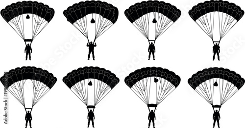 Parachute silhouette vector collection with skydivers landing under canopy showing different descent poses extreme sport illustration set