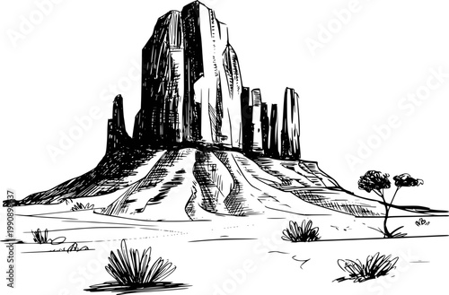 Hand-drawn of monument valley rock formations and sparse desert vegetation landscape