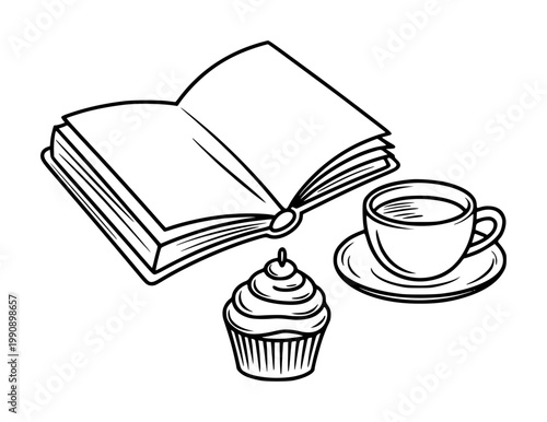 Open book with coffee cup and cupcake white background line saucer