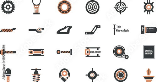 Collection of unique icons representing automotive and mechanical parts and tools Vector