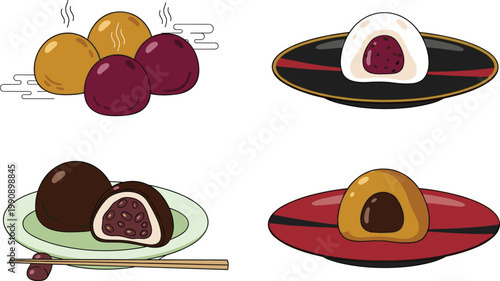 Traditional Japanese Daifuku Mochi Dessert Set with Sweet Red Bean Filling and Chocolate Variations Served on Plates Vector Illustration Collection