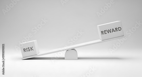 A minimalist white seesaw balances 'risk' and 'reward' blocks symbolizing decision making and potential outcomes in life or business