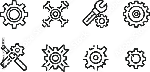 Mechanical gear and tools icon set, modern outline vector symbols for engineering, maintenance, industry, repair, settings, automation and technical service