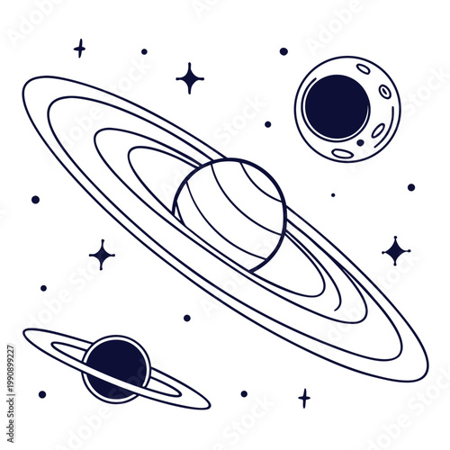 A minimalistic line art depiction showcases a planetary system featuring three planets and surrounding celestial bodies high quality professional detailed modern elegant