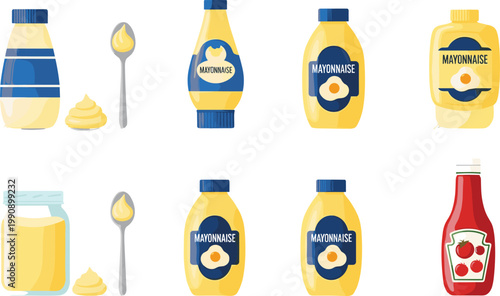 Mayonnaise Packaging Vector Set with Bottles, Jar, Spoon and Sauce Dollops Isolated on White Background for Food Branding, Product Labels, and Culinary Design