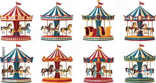 Vintage carousel vector set with colorful merry go round rides featuring horses circus amusement park illustration collection