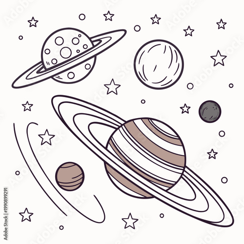 A whimsical illustration depicts several planets with rings accompanied by scattered stars against a pale creamy background high quality professional detailed modern
