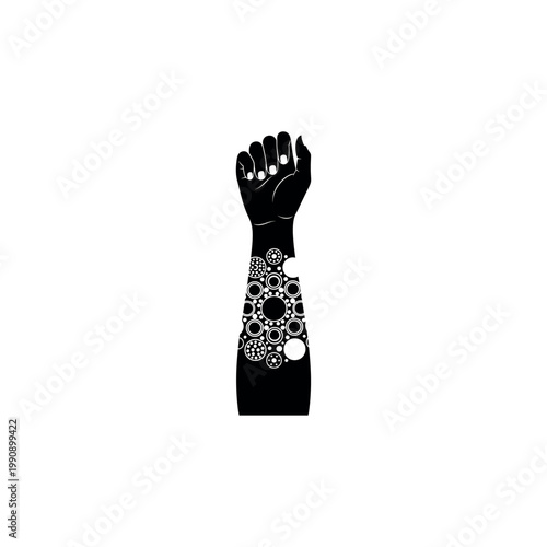Powerful black and white vector illustration of a raised fist silhouette with a circular dot pattern forearm tattoo, representing solidarity, strength, protest, and social justice activism.