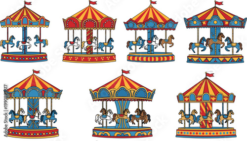 Colorful carousel vector set with merry go round rides featuring circus horses amusement park attractions festive illustration collection