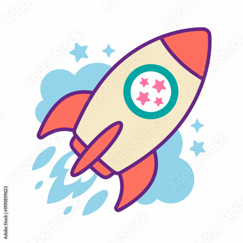 This vibrant cartoon rocket soars into the sky amidst fluffy clouds, embodying the spirit of adventure, exploration, and the limitless possibilities of space travel.