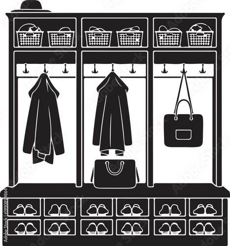 Black and white of a closet organizer system with clothes