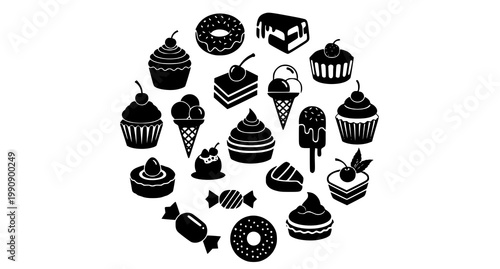 Sweet dessert silhouette icon set in solid black for shop and menu design clean vector collection