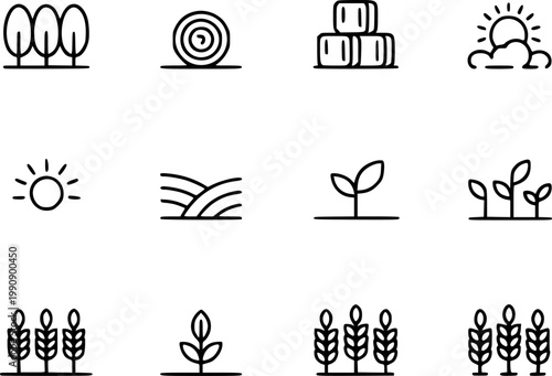 Set of farm and agriculture trees, hay bales, sun, fields, sprouts, wheat nature
