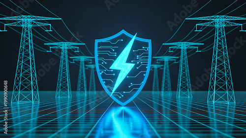 Digital power grid with shield icon representing energy security electricity protection and smart infrastructure concept 