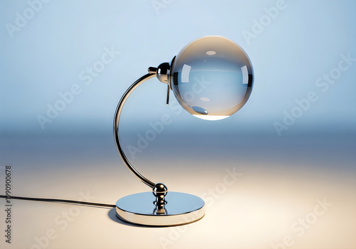 Modern glass lamp on a metal base with blue background