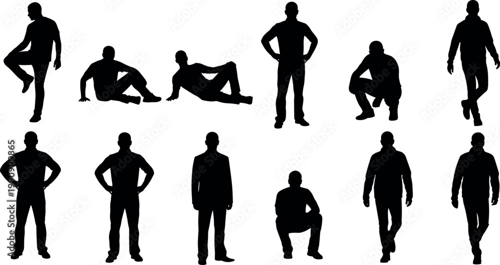 Εκτύπωση καμβά Collection of adult male human silhouettes in various poses including standing w