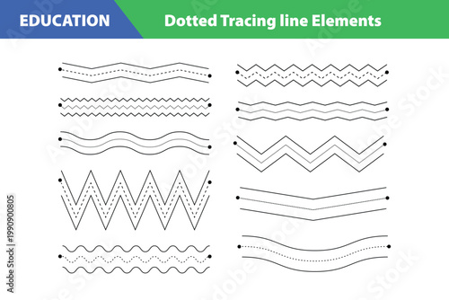 Dotted Tracing Line Elements for Kids Learning Educational Handwriting Practice Paths