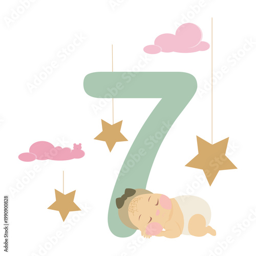 Cute Sleeping Newborn with Number 7, Stars and Fluffy Clouds. vector illustration perfect for celebrating a baby's 7-day or 7-month milestone. Ideal for hospital discharge announcements, nursery wall 