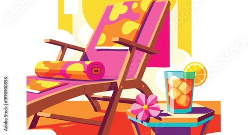 Relaxing beach chair with colorful towels and refreshing iced tea on sunny summer terrace