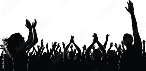 Crowd Silhouette with People Clapping and Raising Hands for Concert, Music Festival, Political Rally, Success Celebration, and Public Event Background Designs