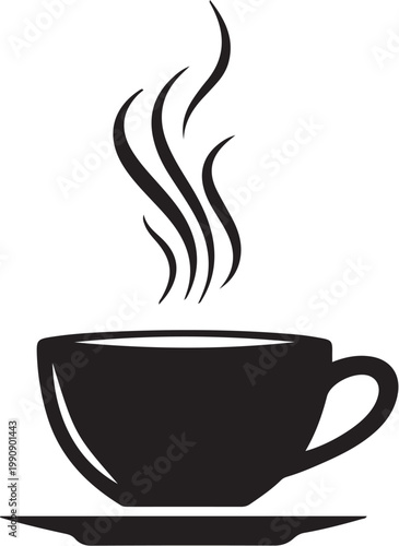 Black coffee cup with steam rising on saucer