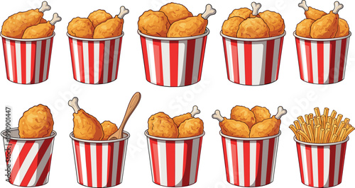 Fried chicken bucket vector set with crispy drumsticks and fast food containers isolated restaurant meal illustration collection