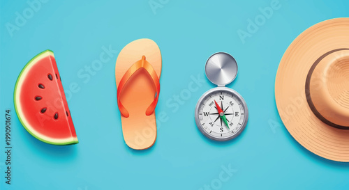 Beach vacation flat lay with watermelon slice flip flops compass and straw sun hat on blue