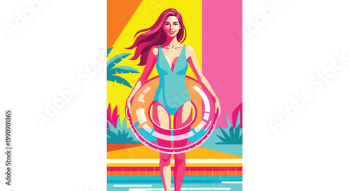 Woman in swimsuit with inflatable ring at poolside with palm trees and vibrant background