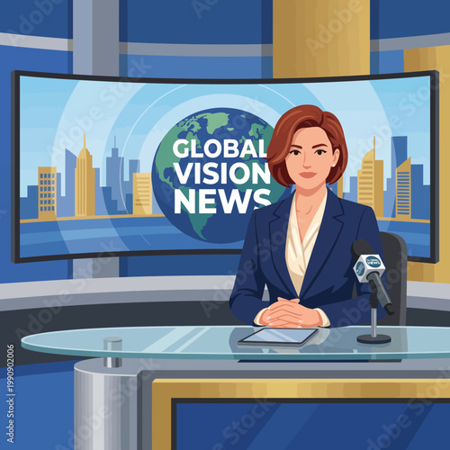 This digital illustration portrays a professional news anchor presenting news in a modern studio environment, highlighting the importance of communication in media.