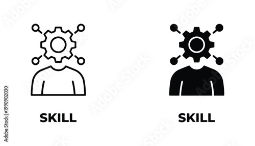 Person with gear and network nodes icon in outline and solid fill versions representing skills and connectivity