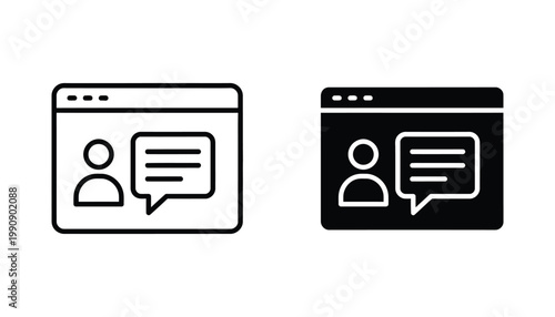 Customer communication and feedback browser window icons featuring a user and speech bubble for interactive messaging and support platforms