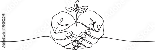 Continuous one line drawing of Hands holding growing seedlings. Single line drawing illustration of Hands holding leaf. one line Icon drawing
