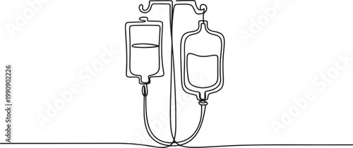 Continuous line, saline bag, blood bag, hospital Minimal hand drawn line vector. one line Icon drawing