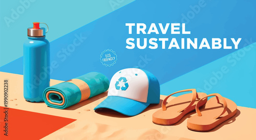 Sustainable travel essentials like a water bottle yoga mat hat with recycle symbol and sandals