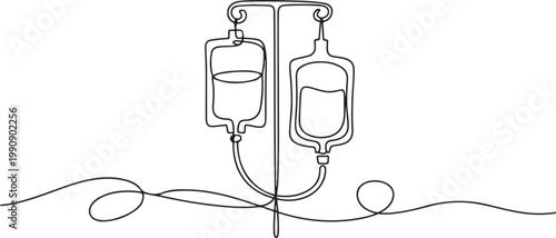 Continuous line, saline bag, blood bag, hospital Minimal hand drawn line vector. one line Icon drawing