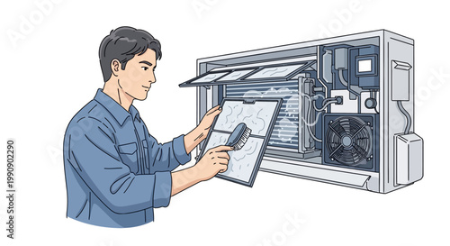 Vector illustration of an air conditioning technician character inspecting an air conditioner filter during maintenance, depicted in a clean, cartoon style against a white background