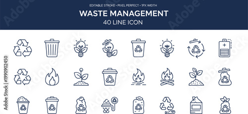 Waste management icons, recycling sustainability, trash compost bins, incineration fire, eco plant growth, editable stroke, premium vector design asset