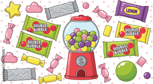 Candy and Gumball Machine Illustration with Colorful Sweets and Wrappers for Digital Media, Websites, and Kids’ Apps