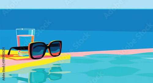 Stylish sunglasses and glass of water sitting on pool edge with deep blue ocean background