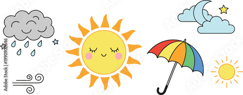 Cute hand drawn weather icons set featuring smiling sun rain clouds rainbow umbrella moon and wind for kids educational materials nursery decor and stickers isolated on white.