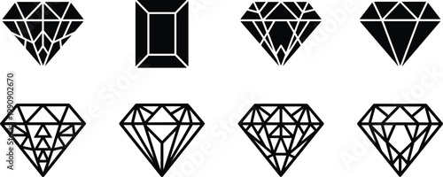 Decorative hand drawn geometric diamond silhouettes set for luxury branding design isolated on white.
