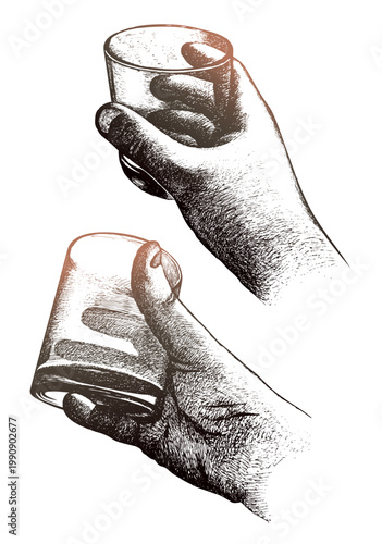 Hand drawn human hands holding a whisky glass