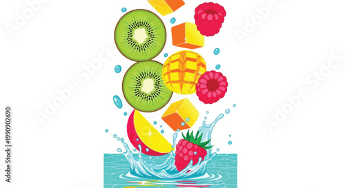 Fresh fruits splashing into water refreshing healthy organic sweet and juicy summer drink